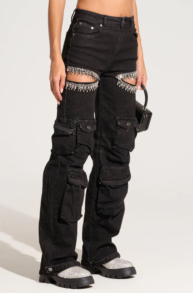 CALLING THE SHOTS CARGO DENIM WITH RHINESTONES IN BLACK - Image 4