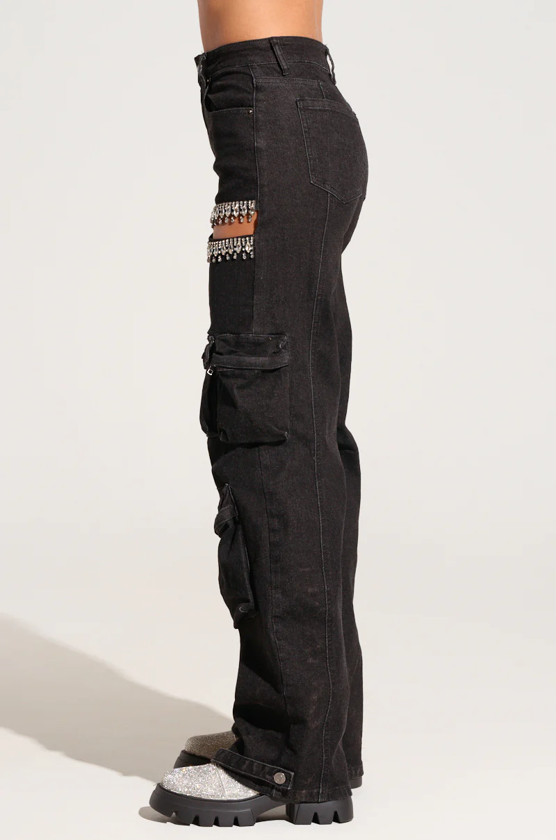 CALLING THE SHOTS CARGO DENIM WITH RHINESTONES IN BLACK - Image 5