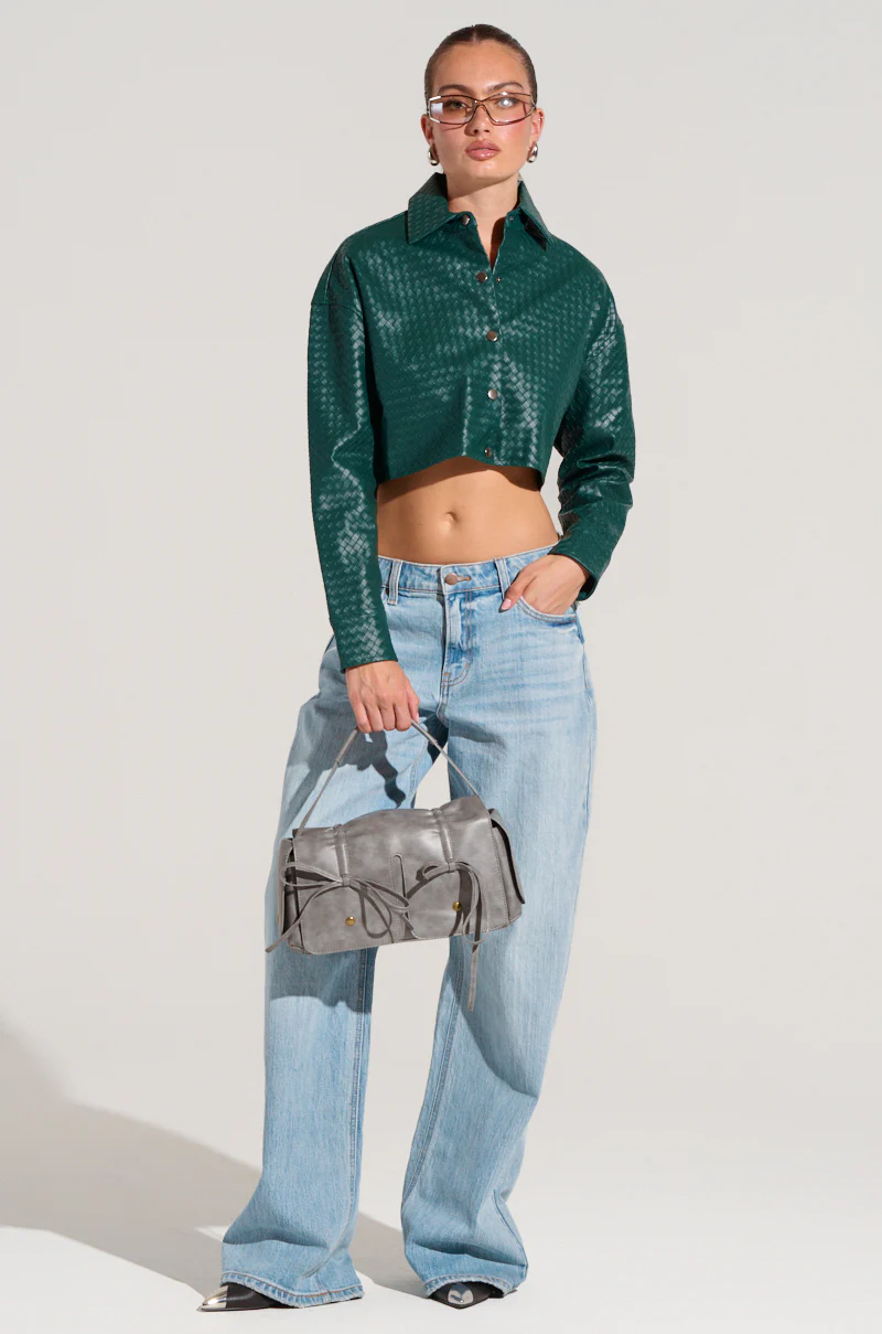 LUXURY GIRL WOVEN PU CROPPED SHIRT IN GREEN - Image 6