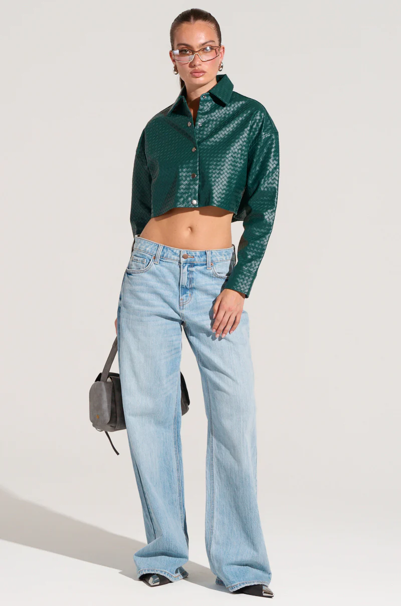 LUXURY GIRL WOVEN PU CROPPED SHIRT IN GREEN - Image 7